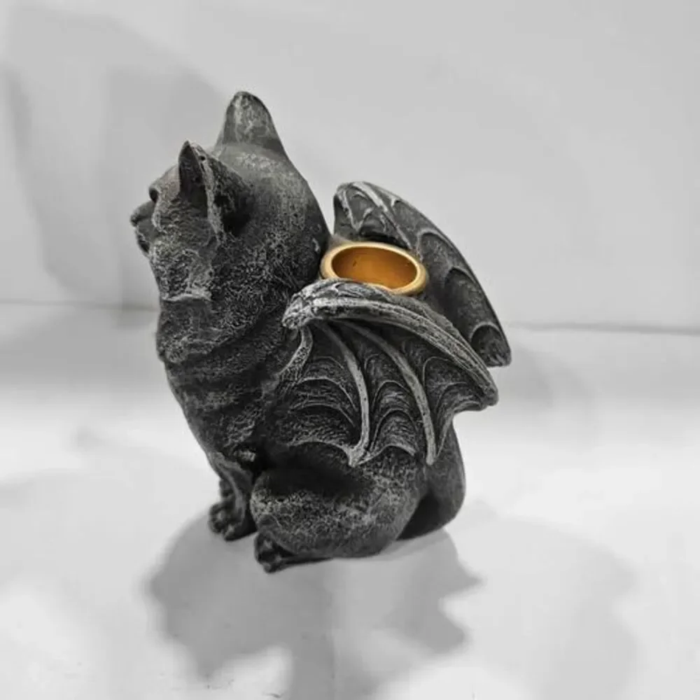 Gothic Winged Cat Gargoyle Tea Light Candle Holder